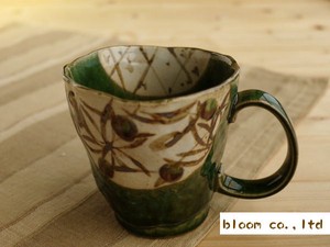 【長期欠品中】土物の器　織部間取花マグカップ　手描き　美濃焼　日本製