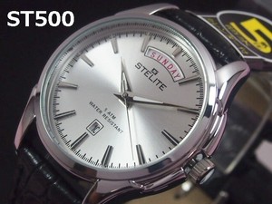 STELITEメンズ腕時計　PUレザーベルト　日本製ムーブメント　DAY-DATE表示　5気圧防水