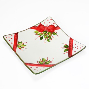 イタリア製 クリスマス おしゃれ 食器 テーブルウェア 陶器 ハンドメイド 角皿 リボン 柊