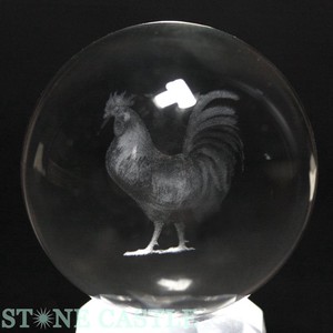 【彫刻置物】丸玉 人工水晶 約50mm (レーザー彫刻) 鶏