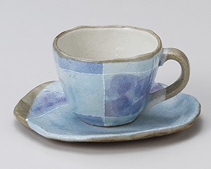 ブルー色十草タタラコーヒー碗と受皿【日本製　美濃焼】