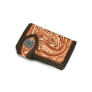 Bifold Wallet Brown Cattle Leather sliver Japanese Pattern