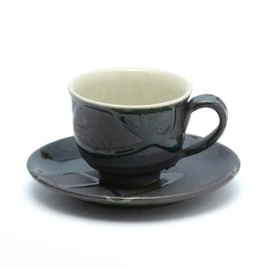 【信楽焼】黒釉流し　コーヒー碗皿