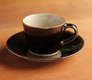 益子焼　コーヒーカップ＆ソーサー　皮鯨釉