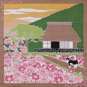 【たまのお散歩】小風呂敷「秋桜」Cosmos（9月・九月・ねこ・猫・ネコ）
