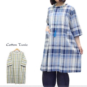 Tunic Pintucked Plaid Stand-up Collar Cotton