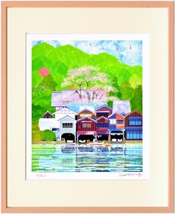 人気イラストレーター はりたつお ジクレー版画　「京都 伊根の舟屋と桜」　四つ切