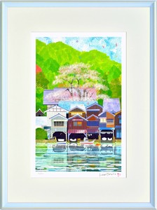 人気イラストレーター はりたつお ジクレー版画　「京都 伊根の舟屋と桜」　大全紙