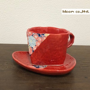 長期欠品中　四季友禅　コーヒーカップソーサー　赤　美濃焼　日本製