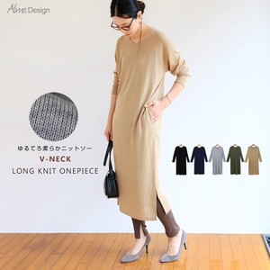 Casual Dress Slit Knit Sew Long V-Neck One-piece Dress Thin