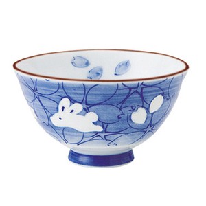 ≪受注生産≫【花うさぎ】 ブルー  軽量葵型茶碗 中 [日本製 美濃焼］