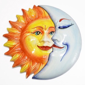 イタリア製 陶器 壁掛け 太陽と月  手描き 絵皿 ウォールデコレーション