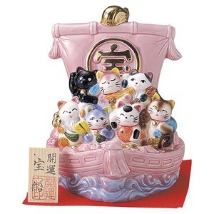 七福猫宝船ピンク　14×14×16.5cm招き猫