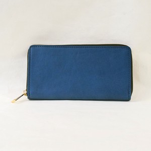 Long Wallet Cattle Leather Navy Round Fastener Ladies' Men's Made in Japan