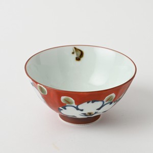 波佐見焼　濃草花　小茶碗　赤　手描き　日本製
