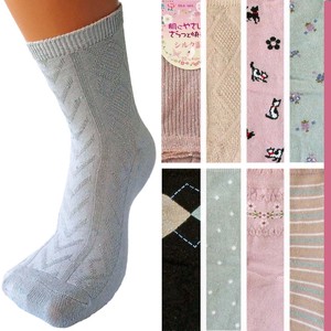 【レディース】シルク・綿混 クルーソックス　靴下　アーガイル／縄編み／猫／フラワー