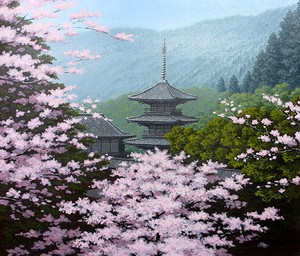 【日本人作家】　油絵　『三重の塔に桜』　朝隈敏彦　額無し　キャンバスのみ（木枠付き）