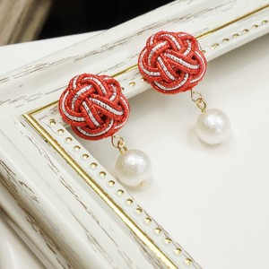 Pierced Earringss Pearl Silver Mizuhiki Knot