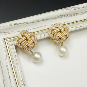 Pierced Earringss Pearl Silver Mizuhiki Knot 26-Karat Gold