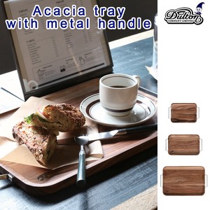 Acacia tray with metal handle