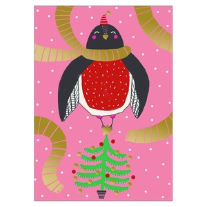 5/29迄 【2024クリスマス予約】[Putinki]クリスマスポストカードMira Mallius 金色マフラーの小鳥とツリー