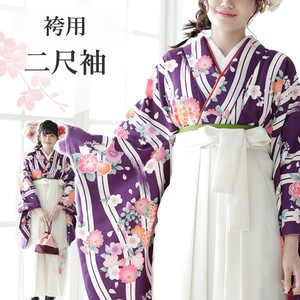 袴用二尺袖 単品 11番 縞模様 桜と牡丹 紫（着物  卒業式 謝恩会 パーティー レトロ モダン）