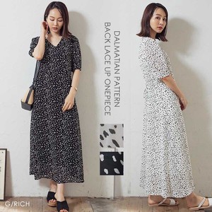 Casual Dress Long V-Neck Dalmatian Pattern One-piece Dress