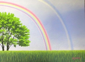 【日本人作家】　油絵　『虹のある風景I』　白鳥あゆみ　額無し　キャンバスのみ（木枠付き）