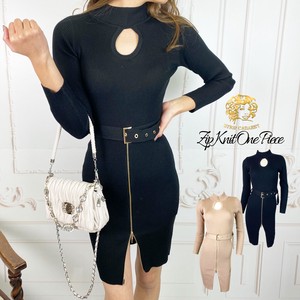 Casual Dress Slit Knitted Long Sleeves black One-piece Dress
