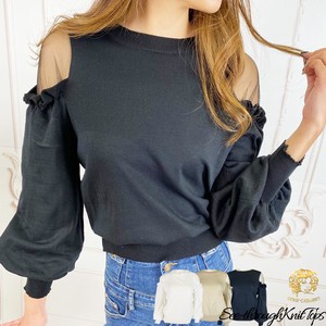 Sweater/Knitwear Ruffle Knitted Plain Color Long Sleeves black Tops