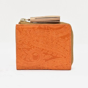 ボタニカル ペイズリー柄 （Orange）型押し L字ファスナー ミニ財布 コンパクト レディース オレンジ