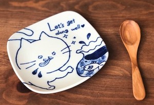 ねこまるけ　ナカヨク猫ちゃん　銘々皿　12cm【日本製　正角皿　取り皿　和食器　陶器　織部】ヤマ吾陶器