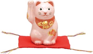 松竹梅（ピンク）　招き猫（敷物付き）楽置物【日本製  陶器  京焼・清水焼】