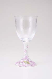 【日本製】九谷和グラス　ワイングラス小（斜）富貴文ピンク