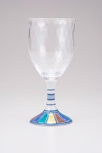 【日本製】九谷和グラス　ワイングラス大（格子）色絵十草文ブルー