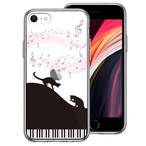 新型 iPhoneSE 第3 第2世代 側面ソフト 背面ハード ハイブリッド クリア ケース ピアノ シルエット猫 黒