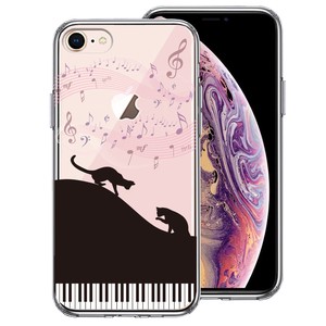 iPhone8  側面ソフト 背面ハード ハイブリッド クリア ケース ピアノ シルエット猫 黒