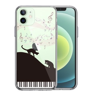 iPhone12mini 側面ソフト 背面ハード ハイブリッド クリア ケース ピアノ シルエット猫 黒