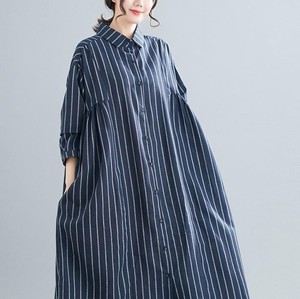 Casual Dress Long Sleeves Stripe Long Cotton Linen One-piece Dress NEW