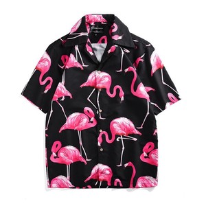 フラミンゴ柄 アロハシャツ ロカビリー フィフティーズ 黒 ブラック ピンク 派手 個性的