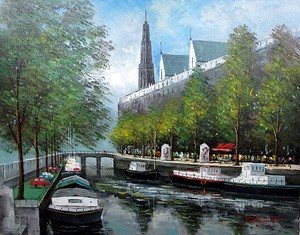 【日本人作家】　油絵　『アムステルダムの運河』　中島達幸　額無し　キャンバスのみ（木枠付き）