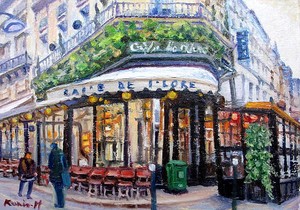 【日本人作家】　油絵　『パリのカフェ1』　半澤国雄　額無し　キャンバスのみ（木枠付き）