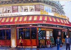 【日本人作家】　油絵　『パリのカフェ2』　半澤国雄　額無し　キャンバスのみ（木枠付き）
