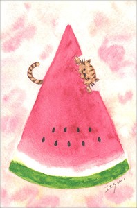 ポストカード marron125「スイカを食べる猫」 水彩画 夏の果物