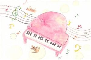 ポストカード marron125「ピンクノピアノ」 水彩画 猫
