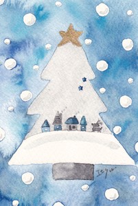 ポストカード クリスマスカード marron125「夜のクリスマス」 ツリー 雪景色 街並み 水彩画