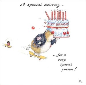 グリーティングカード 誕生日/バースデー ピーター・クロス 「スケートボードに乗ってケーキを運ぶねずみ」