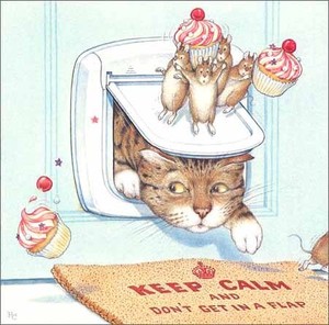 グリーティングカード 多目的 ピーター・クロス 「カップケーキを持ったねずみと顔を覗かす猫」
