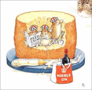 グリーティングカード 多目的 ピーター・クロス 「チーズの上でくつろぐねずみと猫」