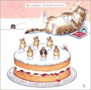 グリーティングカード 誕生日/バースデー ピーター・クロス 「音楽を聴く猫とケーキの上で踊るねずみ」